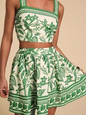 Green Tropical Print Two-Piece Skirt Set